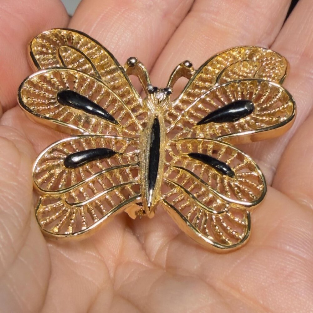 Butterfly Brooch GERRYS Gold Tone Filigree Insect Pin 2”